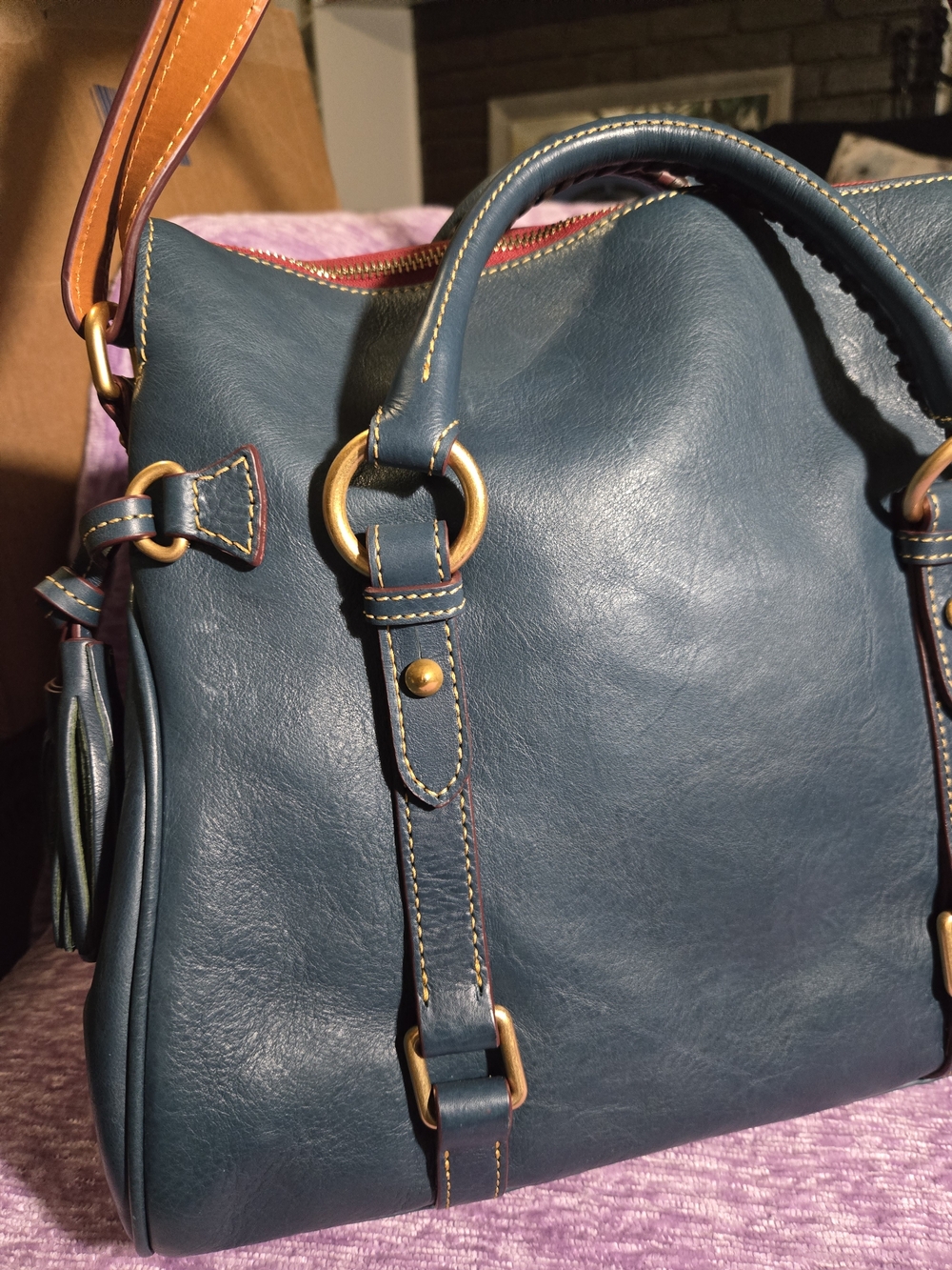 Dooney & Bourke Medium Satchel in Denim. Florentine Leather with Gold Hardware. - Picture 5 of 12